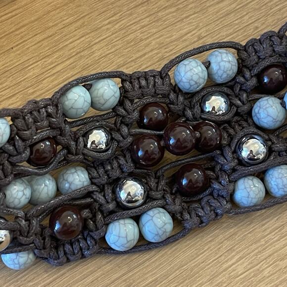 Anthropologie Beaded Macrame Belt Size S Leather Western Coastal Cowgirl Boho - Picture 2 of 7